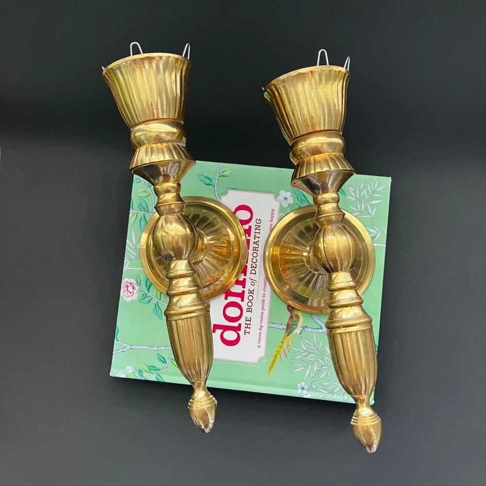 Vintage Brass Wall Sconces Pair Fluted Spindle Candle Holders Made in India 10